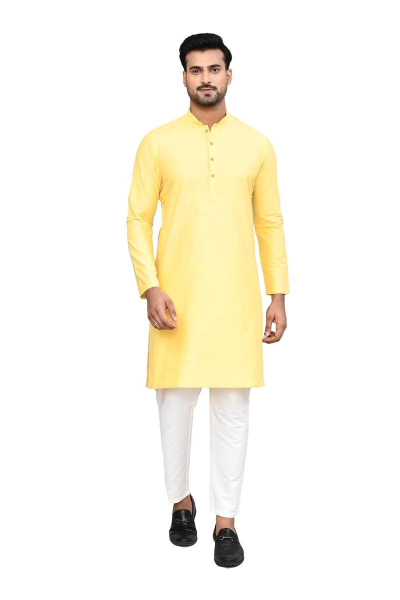 POLY2FAB Hathkargha Men's Cotton Regular Fit Kurta Pyjama Set - Yellow Ethnic Wear with Mandarin Collar & Full Sleeves - Image 1